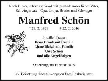 Traueranzeige von Manfred Schön  von Magdeburger Volksstimme