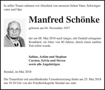 Traueranzeige von Manfred Schönke  von Magdeburger Volksstimme
