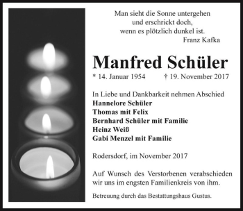 Traueranzeige von Manfred Schüler  von Magdeburger Volksstimme