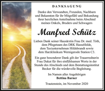 Traueranzeige von Manfred Schütz  von Magdeburger Volksstimme