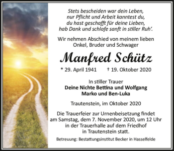 Traueranzeige von Manfred Schütz  von Magdeburger Volksstimme