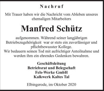 Traueranzeige von Manfred Schütz  von Magdeburger Volksstimme
