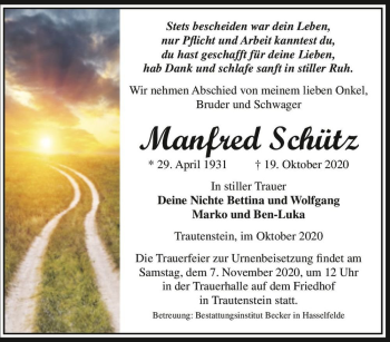 Traueranzeige von Manfred Schütz  von Magdeburger Volksstimme