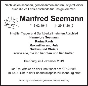 Traueranzeige von Manfred Seemann  von Magdeburger Volksstimme