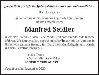Traueranzeige von Manfred Seidler  von Magdeburger Volksstimme