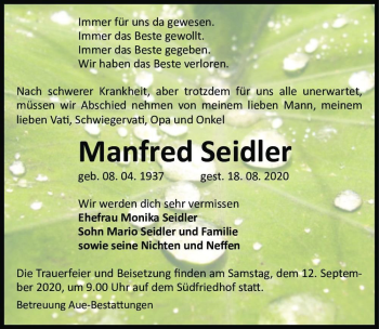 Traueranzeige von Manfred Seidler  von Magdeburger Volksstimme