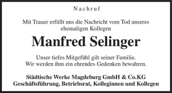 Traueranzeige von Manfred Selinger  von Magdeburger Volksstimme
