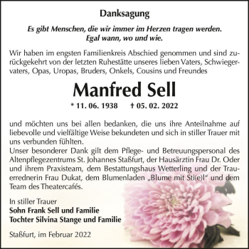Traueranzeige von Manfred Sell  von Magdeburger Volksstimme