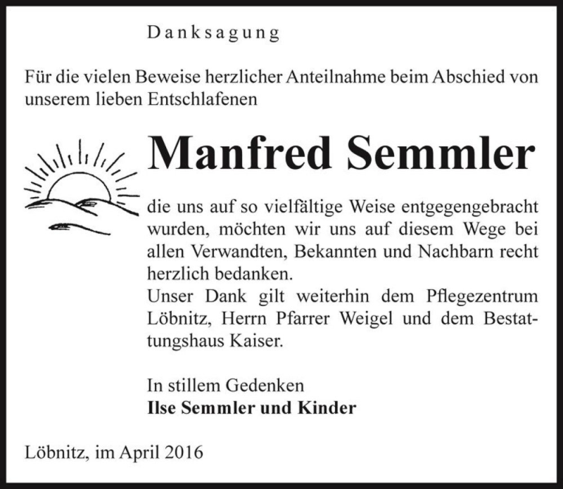  Traueranzeige für Manfred Semmler  vom 16.04.2016 aus Magdeburger Volksstimme