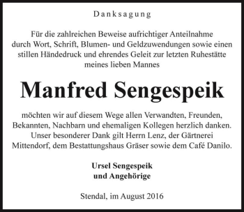 Traueranzeige von Manfred Sengespeik  von Magdeburger Volksstimme