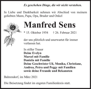 Traueranzeige von Manfred Sens  von Magdeburger Volksstimme