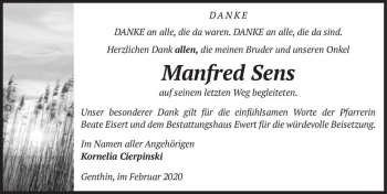 Traueranzeige von Manfred Sens  von Magdeburger Volksstimme