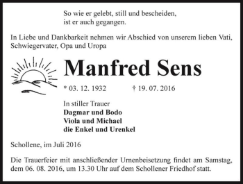 Traueranzeige von Manfred Sens  von Magdeburger Volksstimme