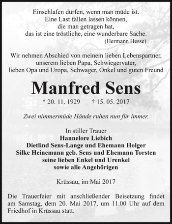 Traueranzeige von Manfred Sens  von Magdeburger Volksstimme