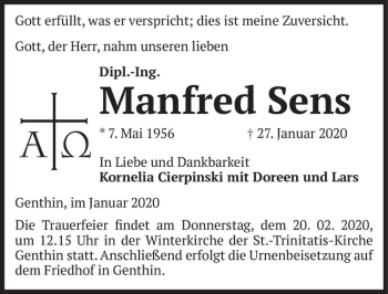 Traueranzeige von Manfred Sens  von Magdeburger Volksstimme