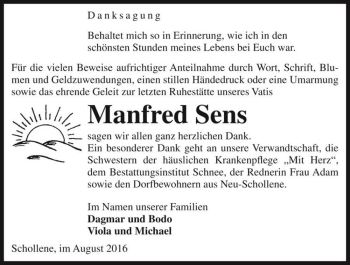 Traueranzeige von Manfred Sens  von Magdeburger Volksstimme