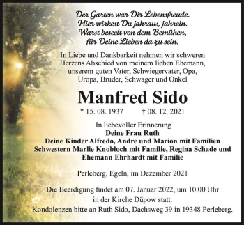 Traueranzeige von Manfred Sido  von Magdeburger Volksstimme