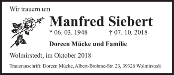 Traueranzeige von Manfred Siebert  von Magdeburger Volksstimme