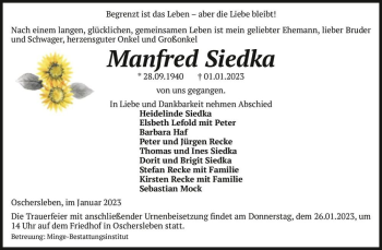 Traueranzeige von Manfred Siedka  von Magdeburger Volksstimme