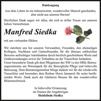 Traueranzeige von Manfred Siedka  von Magdeburger Volksstimme