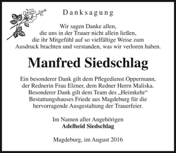 Traueranzeige von Manfred Siedschlag  von Magdeburger Volksstimme