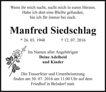 Traueranzeige von Manfred Siedschlag  von Magdeburger Volksstimme
