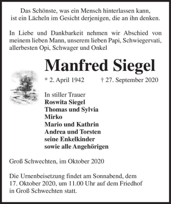 Traueranzeige von Manfred Siegel  von Magdeburger Volksstimme