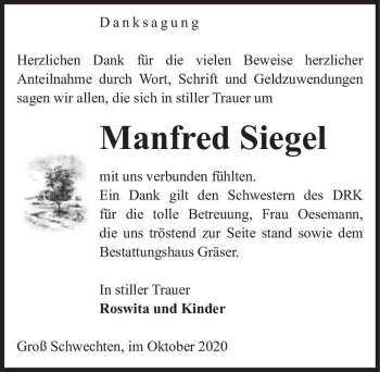 Traueranzeige von Manfred Siegel  von Magdeburger Volksstimme