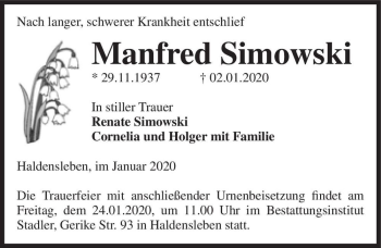Traueranzeige von Manfred Simowski  von Magdeburger Volksstimme