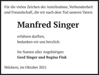 Traueranzeige von Manfred Singer  von Magdeburger Volksstimme