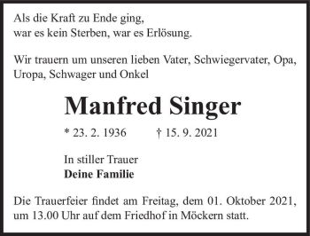 Traueranzeige von Manfred Singer  von Magdeburger Volksstimme