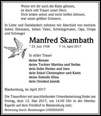 Traueranzeige von Manfred Skambath  von Magdeburger Volksstimme
