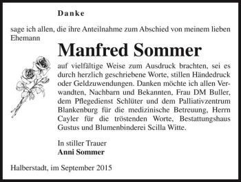 Traueranzeige von Manfred Sommer  von Magdeburger Volksstimme