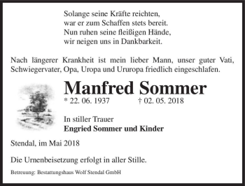 Traueranzeige von Manfred Sommer  von Magdeburger Volksstimme