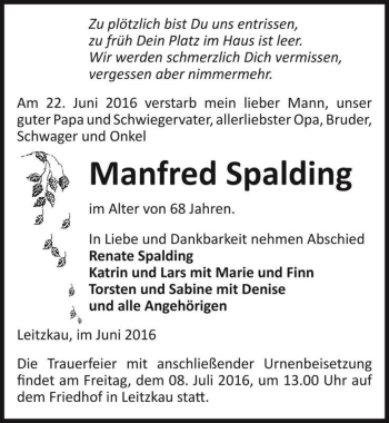 Traueranzeige von Manfred Spalding  von Magdeburger Volksstimme