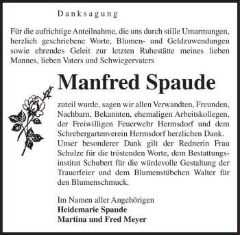 Traueranzeige von Manfred Spaude  von Magdeburger Volksstimme