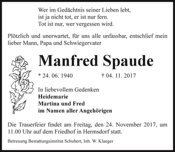Traueranzeige von Manfred Spaude  von Magdeburger Volksstimme