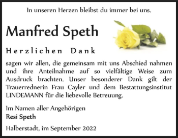 Traueranzeige von Manfred Speth  von Magdeburger Volksstimme