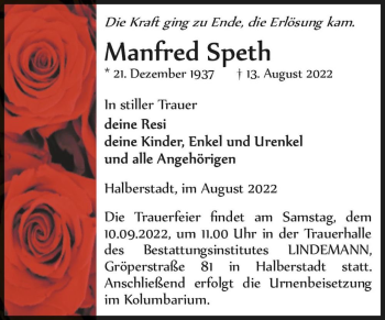 Traueranzeige von Manfred Speth  von Magdeburger Volksstimme