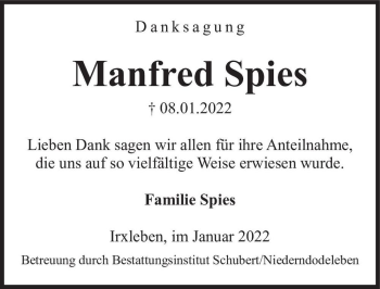Traueranzeige von Manfred Spies  von Magdeburger Volksstimme