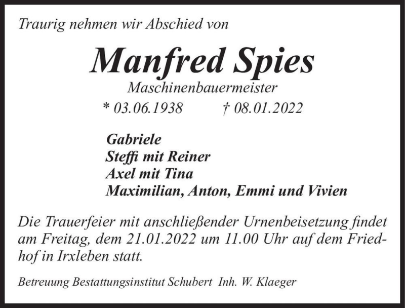  Traueranzeige für Manfred Spies  vom 15.01.2022 aus Magdeburger Volksstimme
