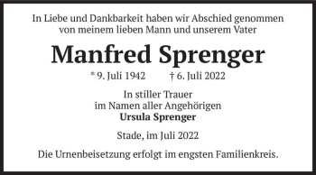 Traueranzeige von Manfred Sprenger  von Magdeburger Volksstimme