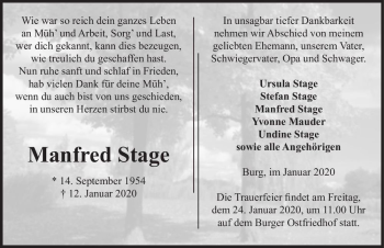 Traueranzeige von Manfred Stage  von Magdeburger Volksstimme