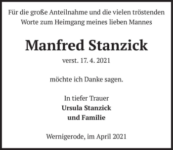 Traueranzeige von Manfred Stanzick  von Magdeburger Volksstimme