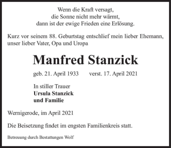 Traueranzeige von Manfred Stanzick  von Magdeburger Volksstimme