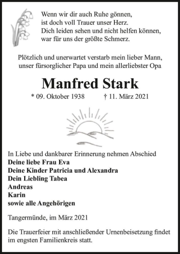 Traueranzeige von Manfred Stark  von Magdeburger Volksstimme