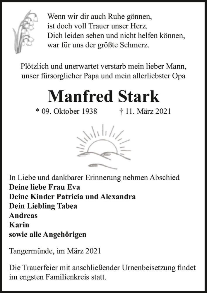  Traueranzeige für Manfred Stark  vom 24.03.2021 aus Magdeburger Volksstimme