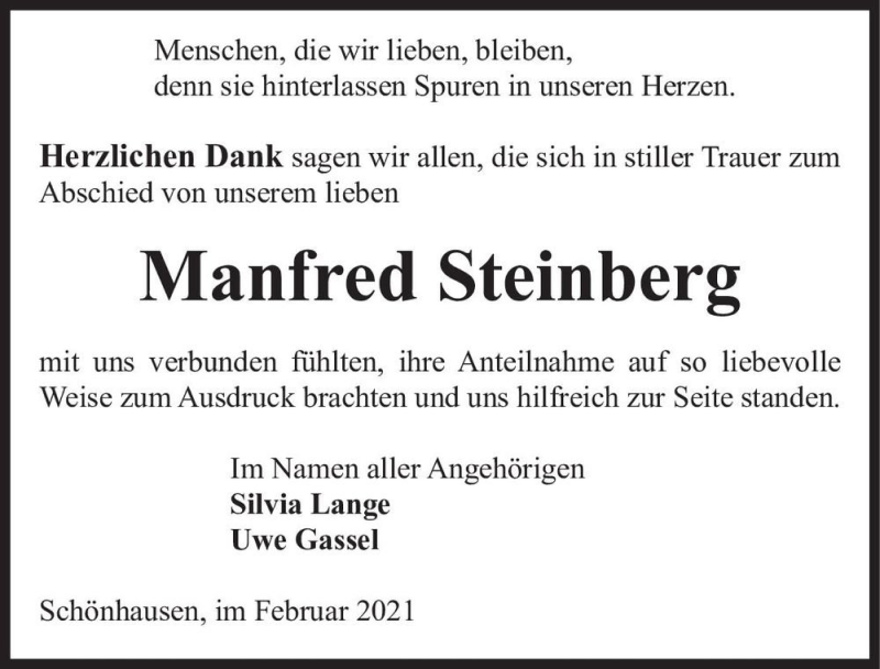  Traueranzeige für Manfred Steinberg  vom 06.02.2021 aus Magdeburger Volksstimme