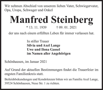 Traueranzeige von Manfred Steinberg  von Magdeburger Volksstimme