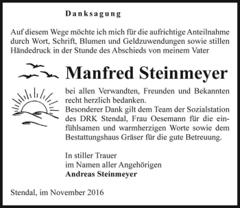 Traueranzeige von Manfred Steinmeyer  von Magdeburger Volksstimme